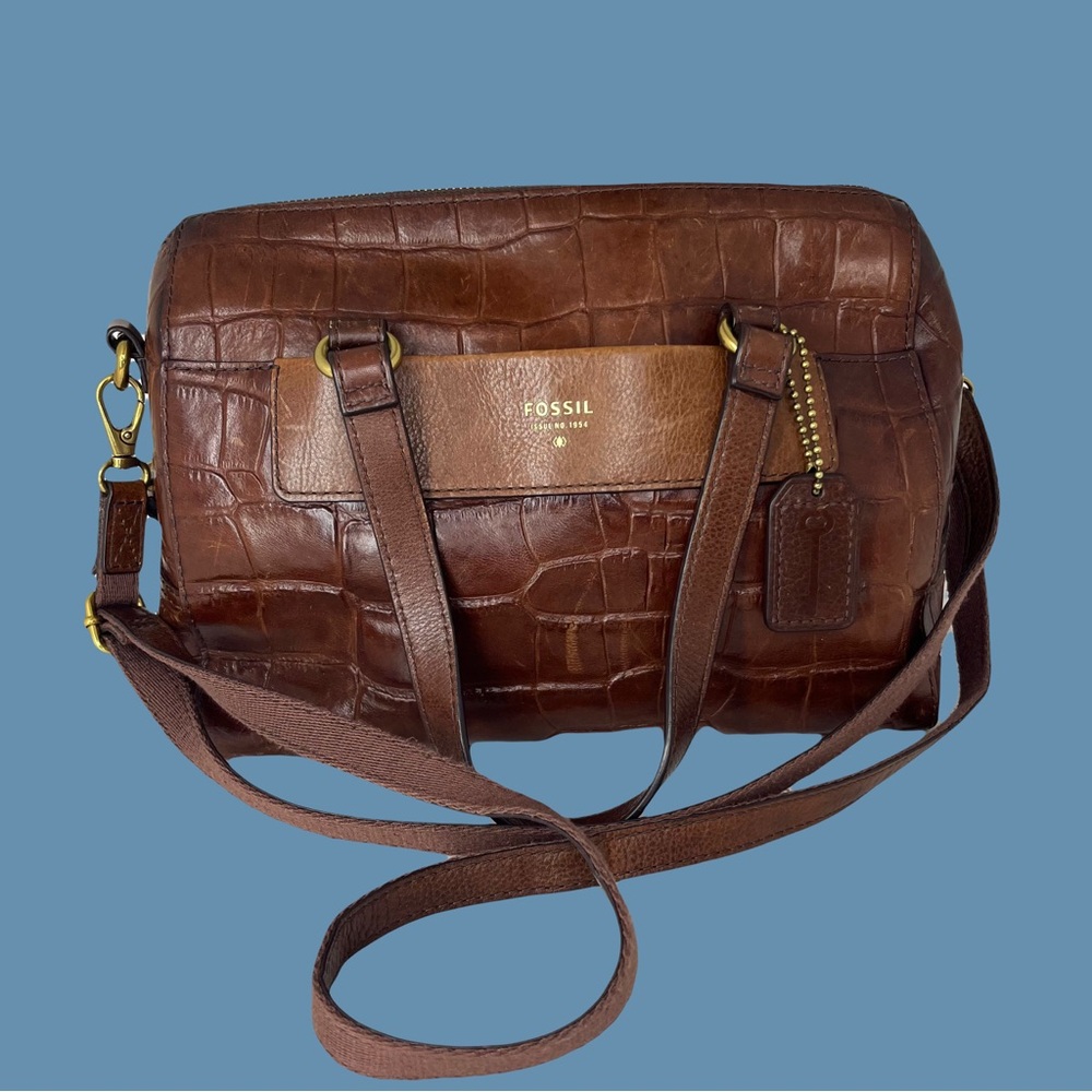 Fossil Brown Croc Embossed Leather Satchel Handbag Crossbody Preowned